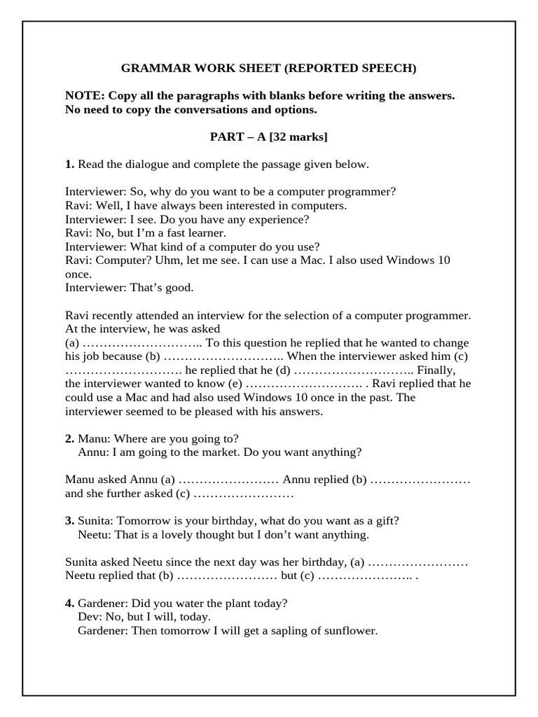 Reported Speech Grammar Worksheet | PDF