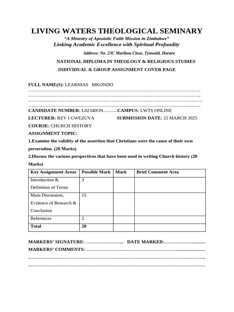 Church History Assignment on Persecution | PDF | Theology | Feminism