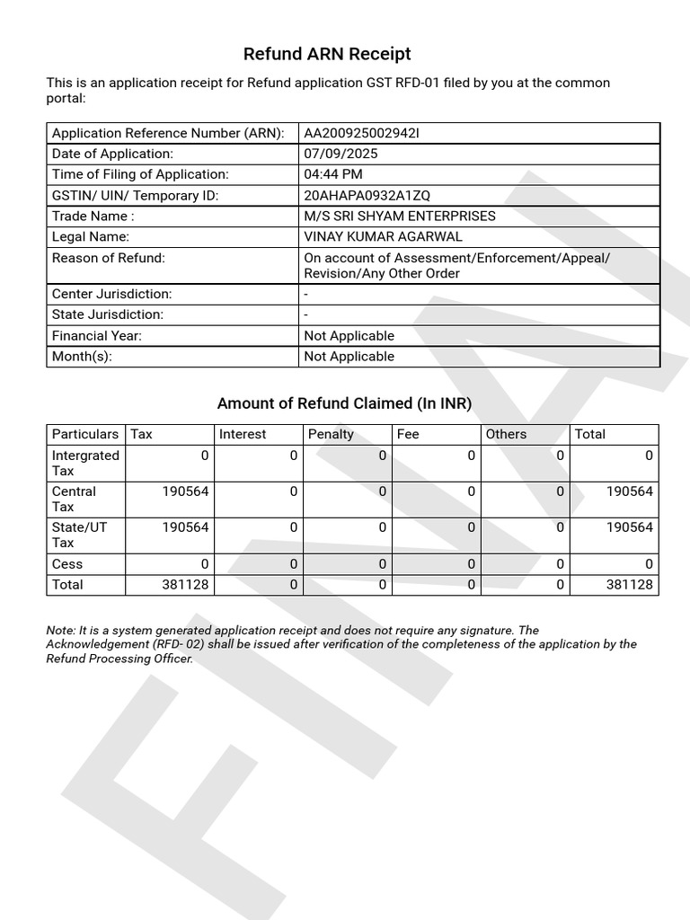 GST Refund Application Receipt Details | PDF | Taxes | Government Finances