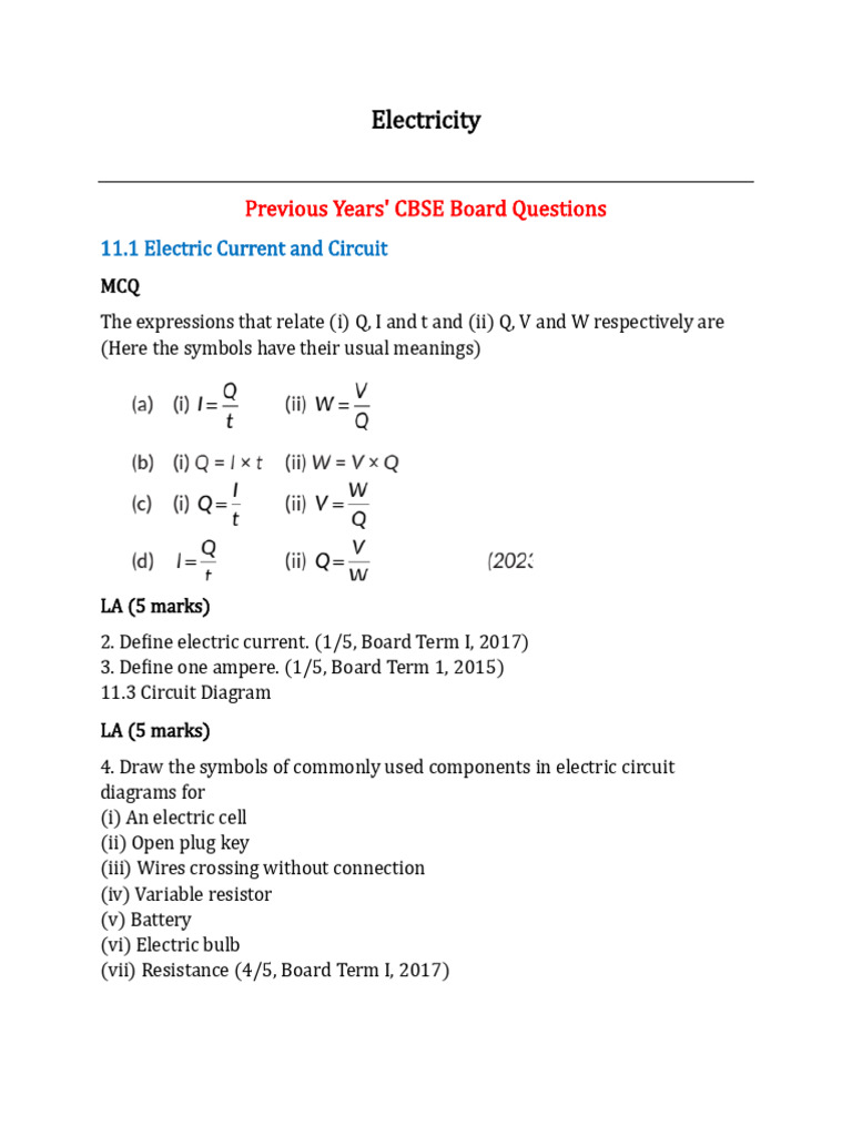 CBSE Electricity Questions & Diagrams | PDF | Electrical Resistance And ...