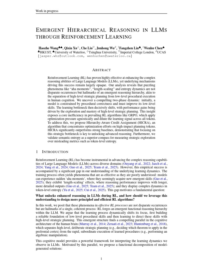 Hierarchical Reasoning in LLMs via RL | PDF | Reason | Learning