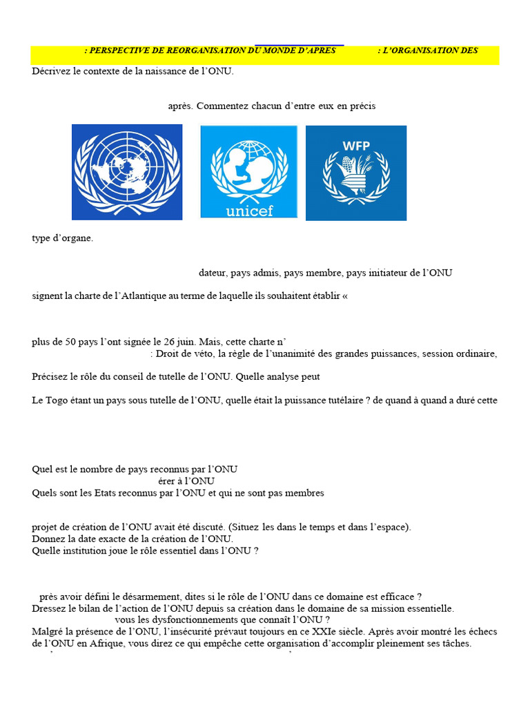 Résumé du cours sur l'ONU terminale | PDF | Nations unies | Relations ...