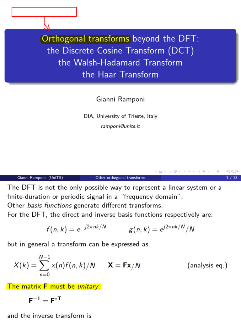 Orthogonal Transforms: DCT, Haar, WHT | PDF | Discrete Fourier ...