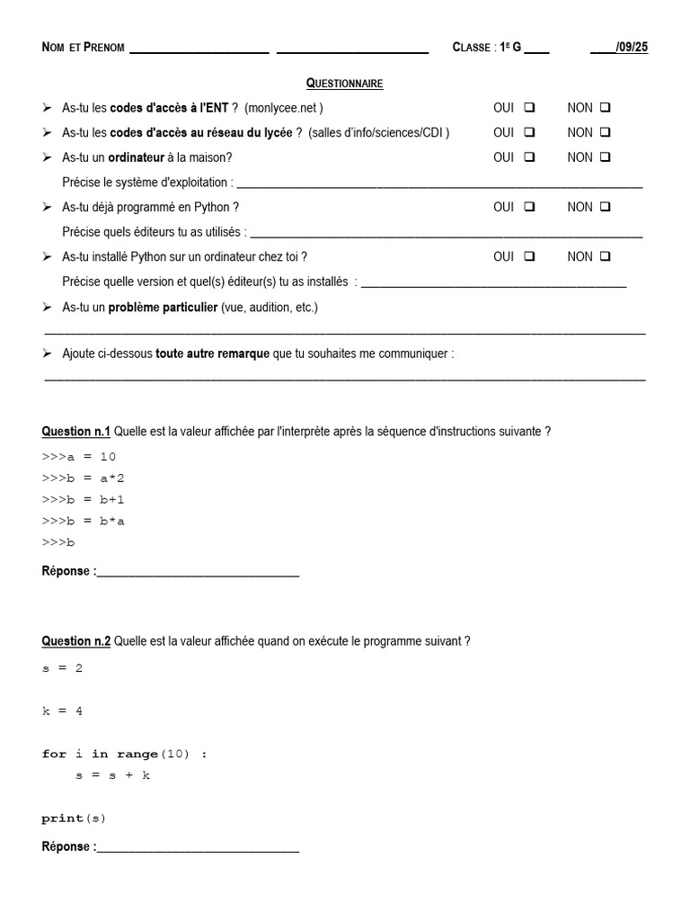 Questionnaire Python pour 1E G | PDF | Programme informatique ...