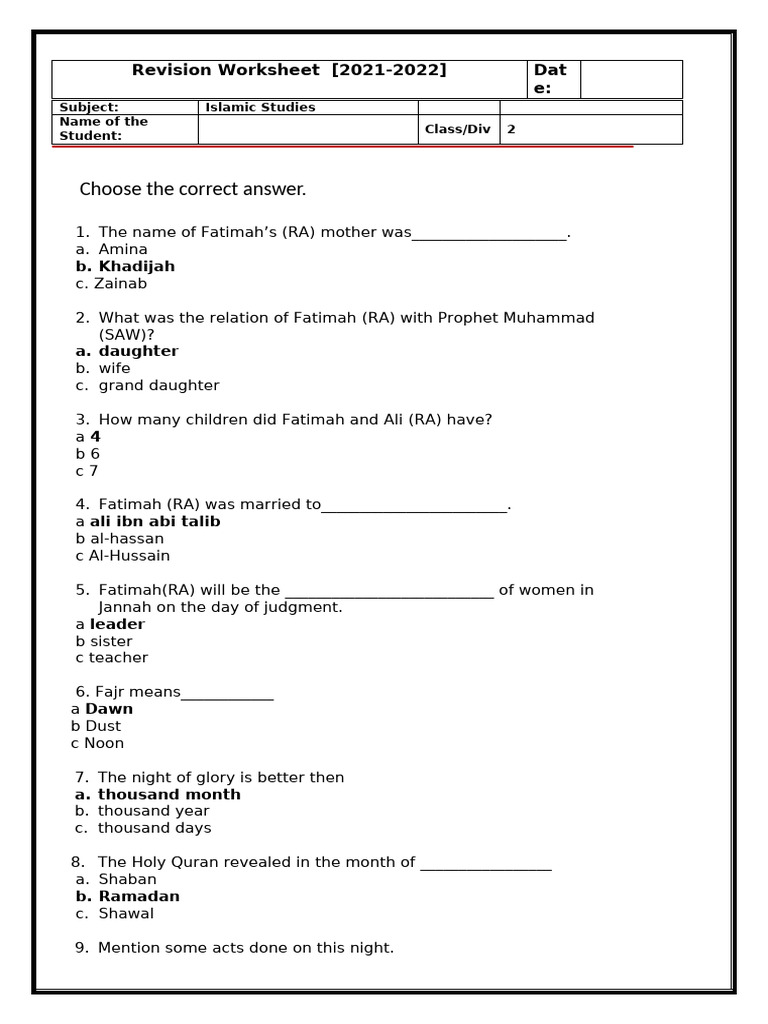 Islamic Studies Revision Worksheet | PDF | Muhammad | Abrahamic Religions