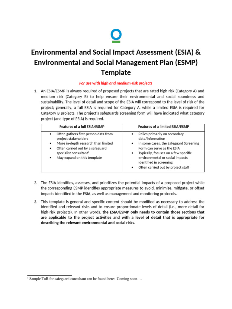 ESIA & ESMP Template for Risk Projects | PDF | Environmental Impact ...
