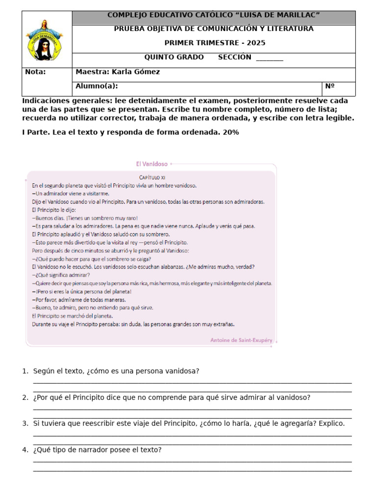 Examen de Comunicación y Literatura 5to Grado | PDF | Comunicación