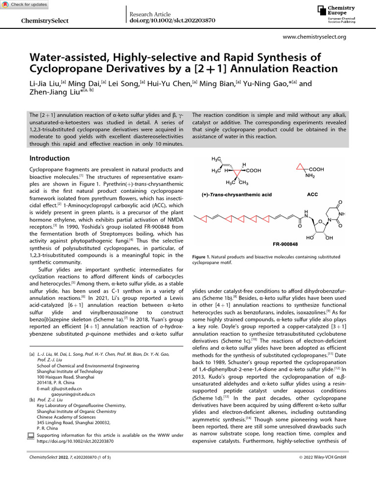 ChemistrySelect - 2022 - Liu - Water Assisted Highly Selective and ...