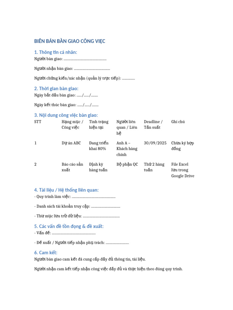 Template Handover | PDF