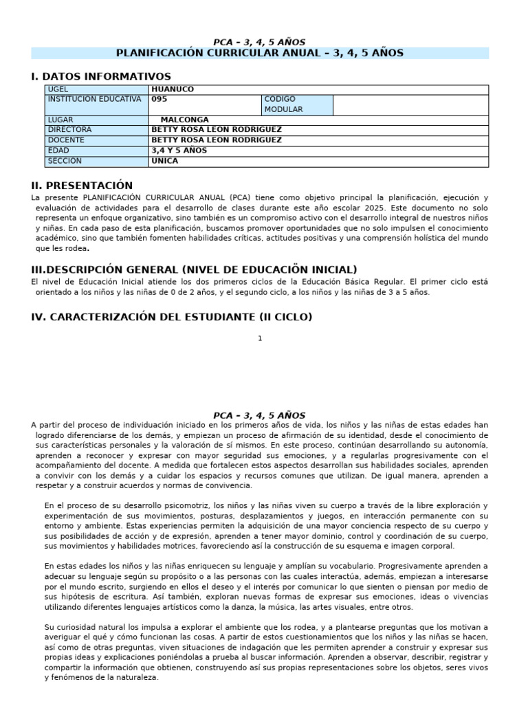 Planificación Curricular 2025: PCA 3-5 Años | PDF | Educación de la ...