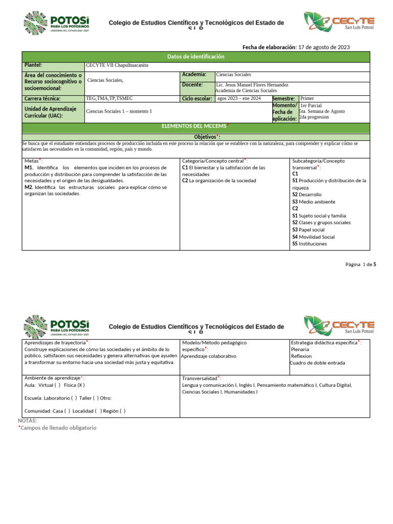 2 Progresion Plan de Clase Ciencias Sociales 2023 MCCEMS | PDF ...