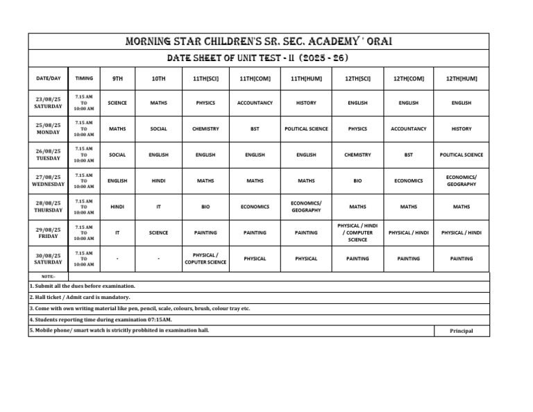 2025 Unit Test II Schedule | PDF