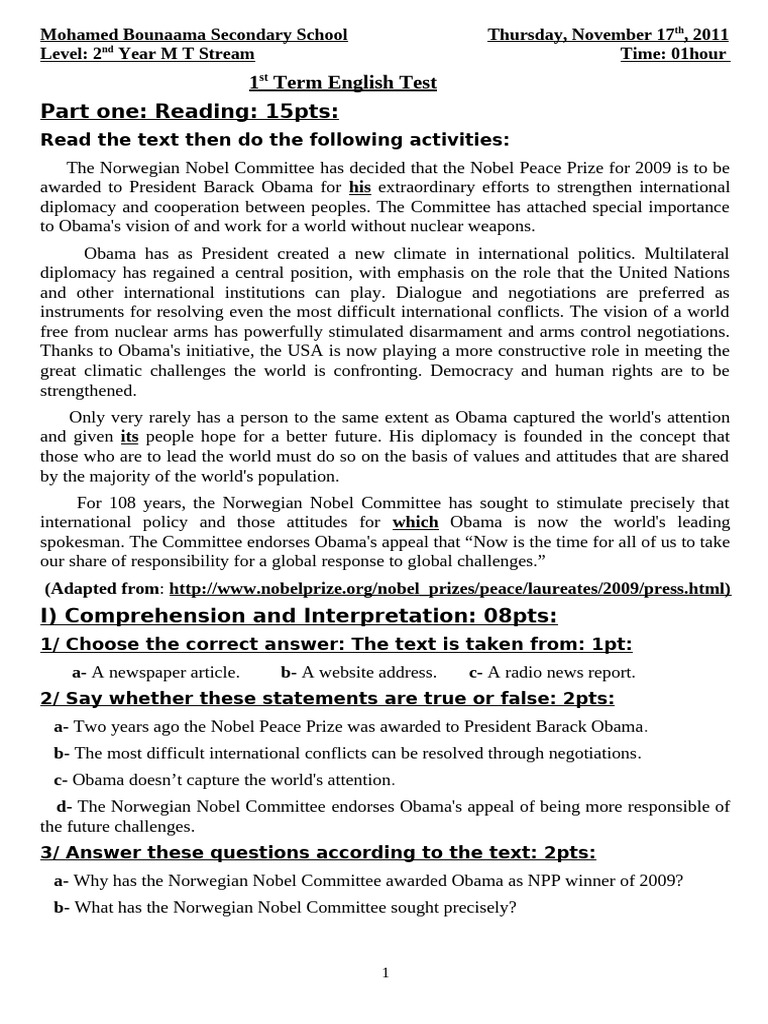 An Other Exam About Peace and Conflict Resolution | PDF | Barack Obama ...