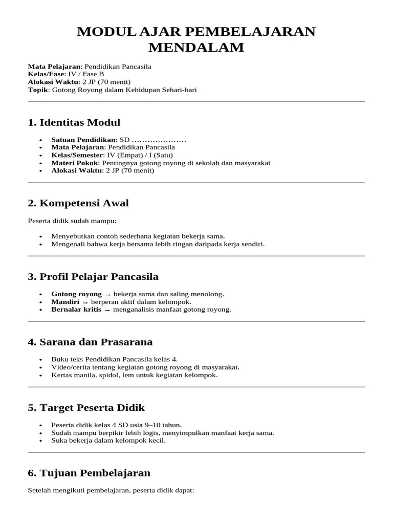 Modul Ajar Pembelajaran Mendalam PP Kls 4 | PDF