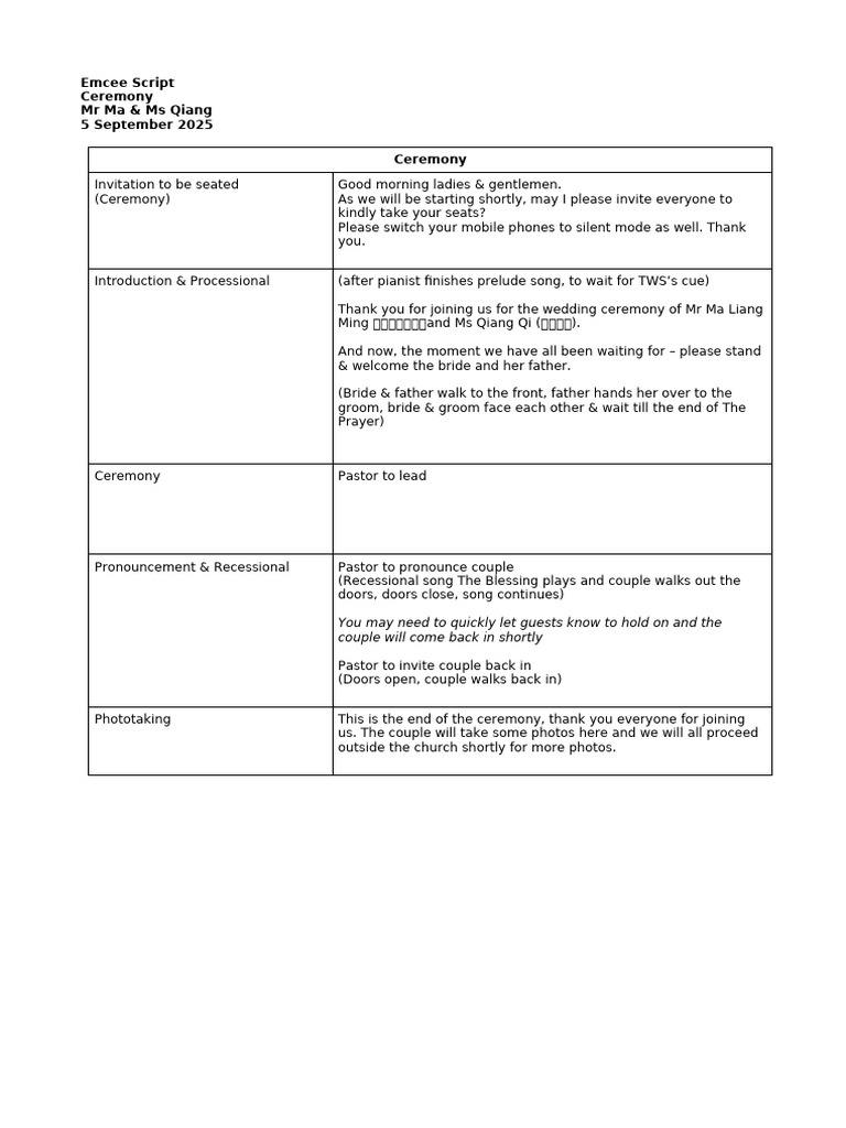 Emcee Script Ceremony - MQ | PDF