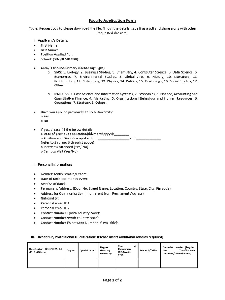 Faculty Application Form for Krea University | PDF | Science