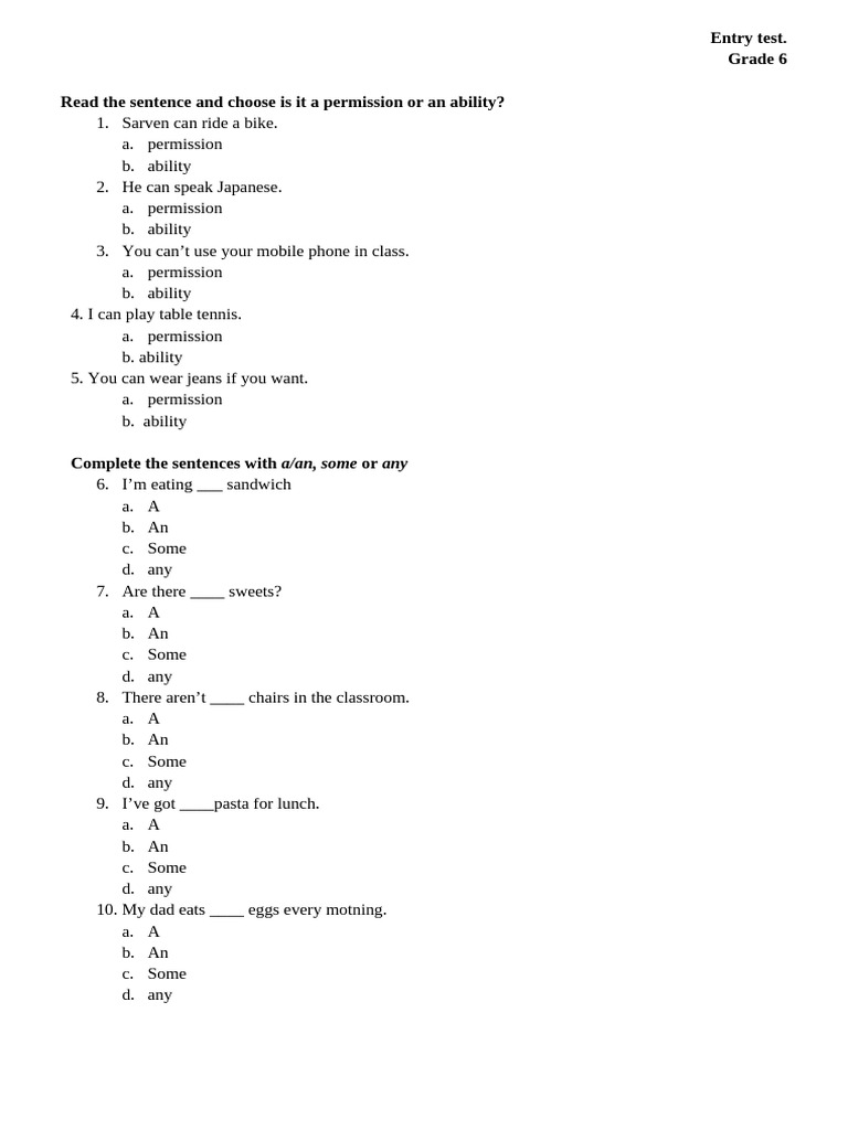 Grade 6 English Entry Test Questions | PDF