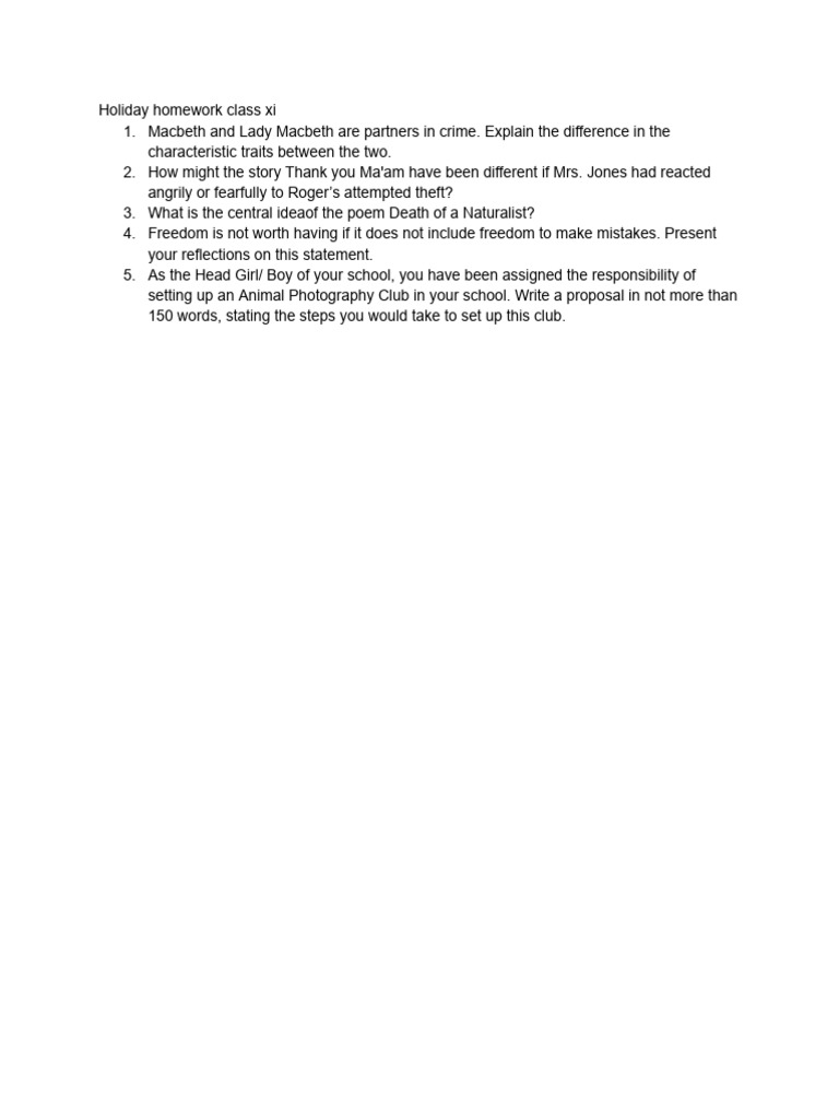 Class XI Holiday Homework Assignments | PDF