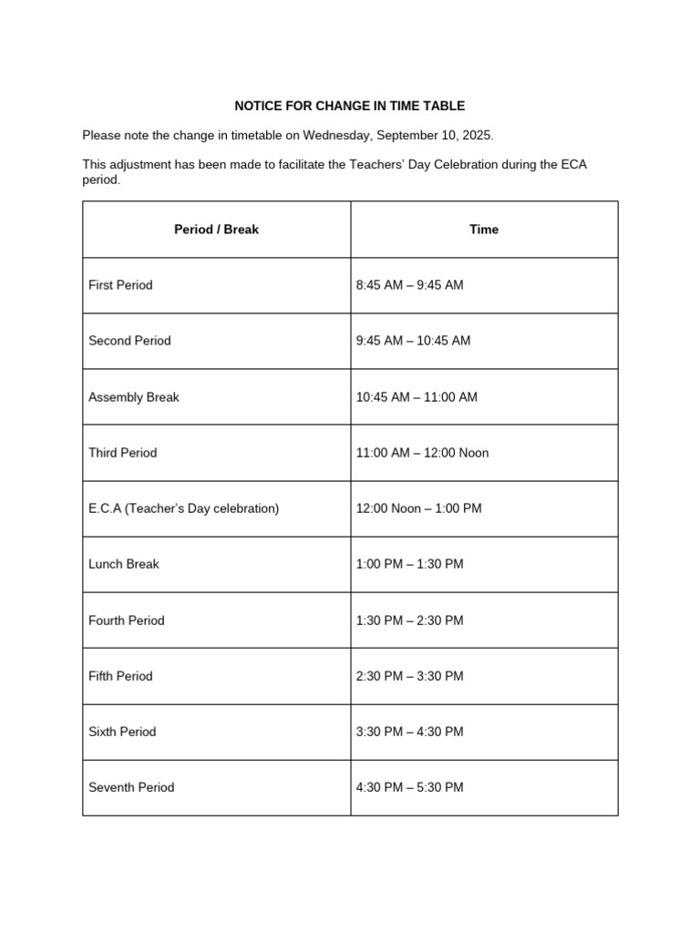 Timetable Change for Teachers' Day 2025 | PDF