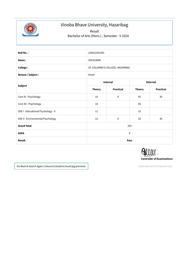 Semester 5 Result for OM Kumar | PDF