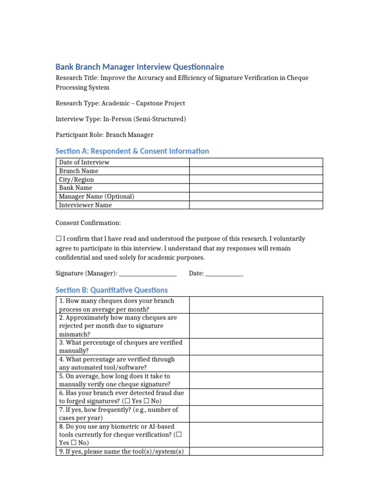 Bank Branch Manager Interview Guide | PDF | Signature