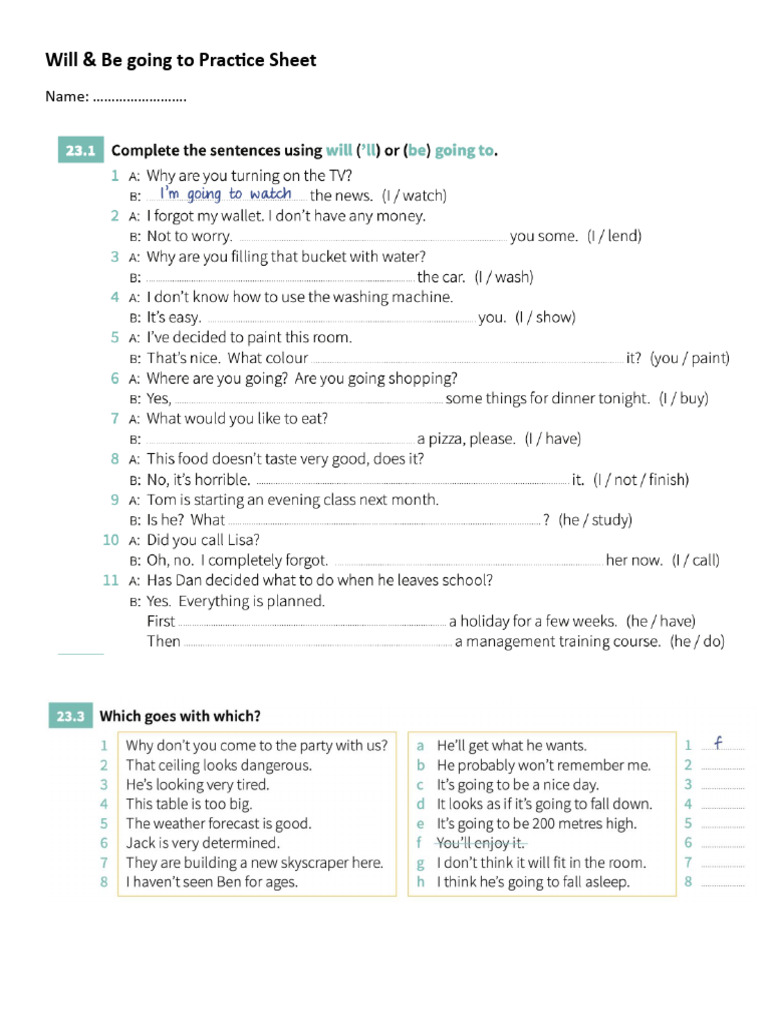 Will & Be Going To Practice Sheet | PDF