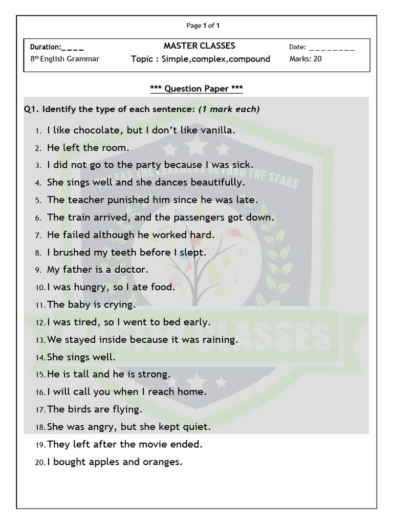 Sentence Types Assessment for 8th Grade | PDF