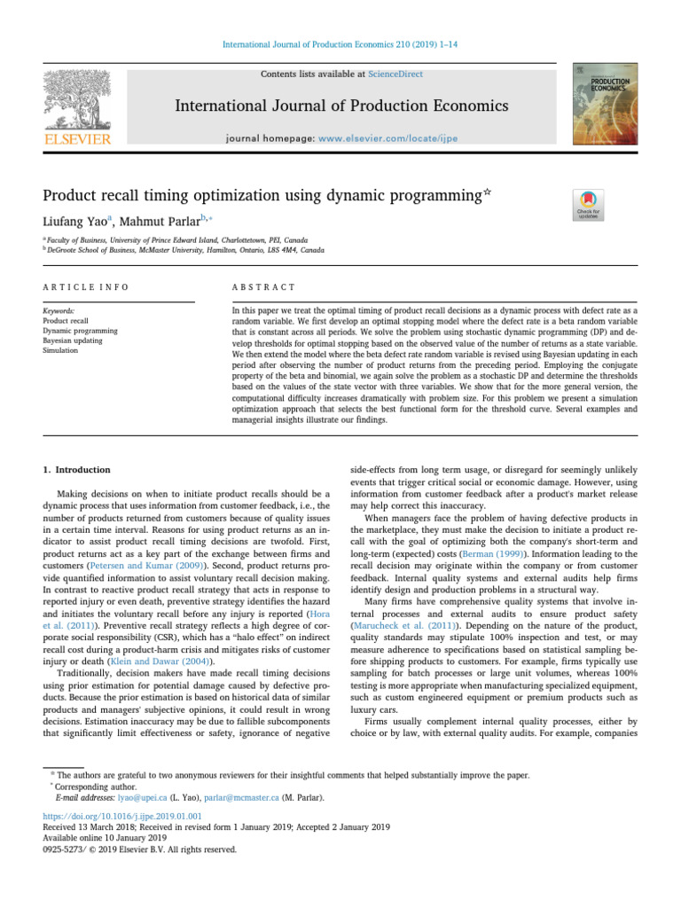 Product Recall Timing Optimization Techniques | PDF | Dynamic ...
