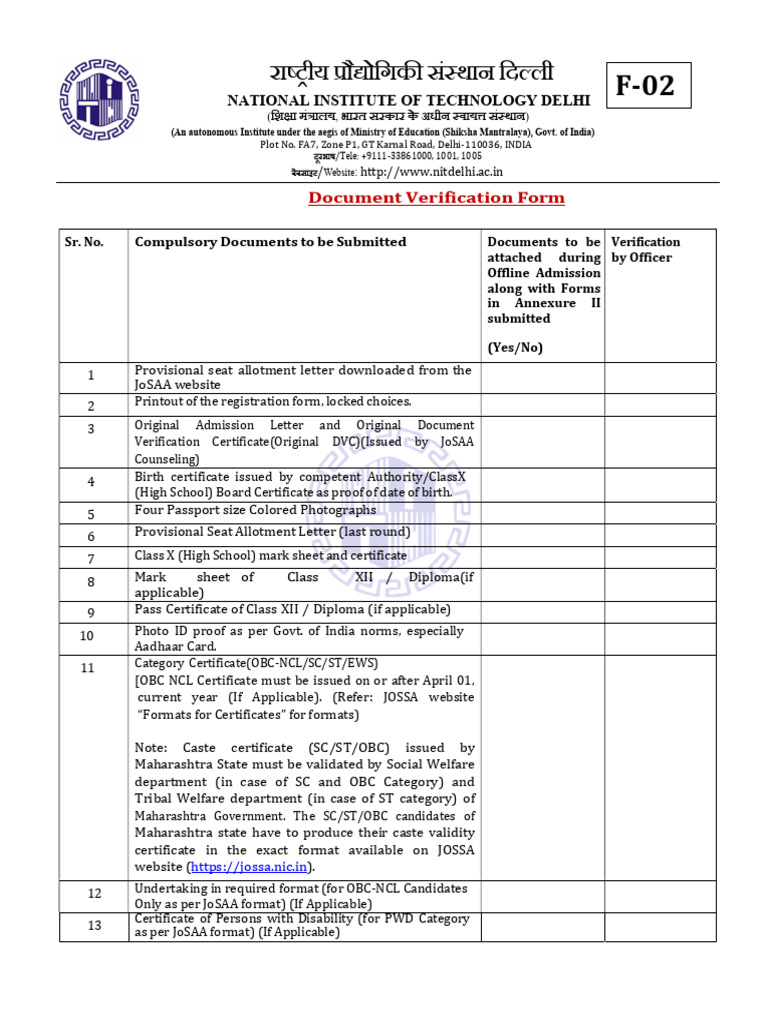 NIT Delhi Document Verification Checklist | PDF | Affidavit | Notary Public