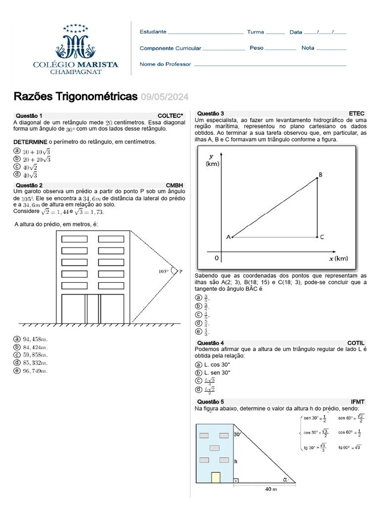 Questões sobre Razões Trigonométricas | PDF | Trigonometria | Triângulo