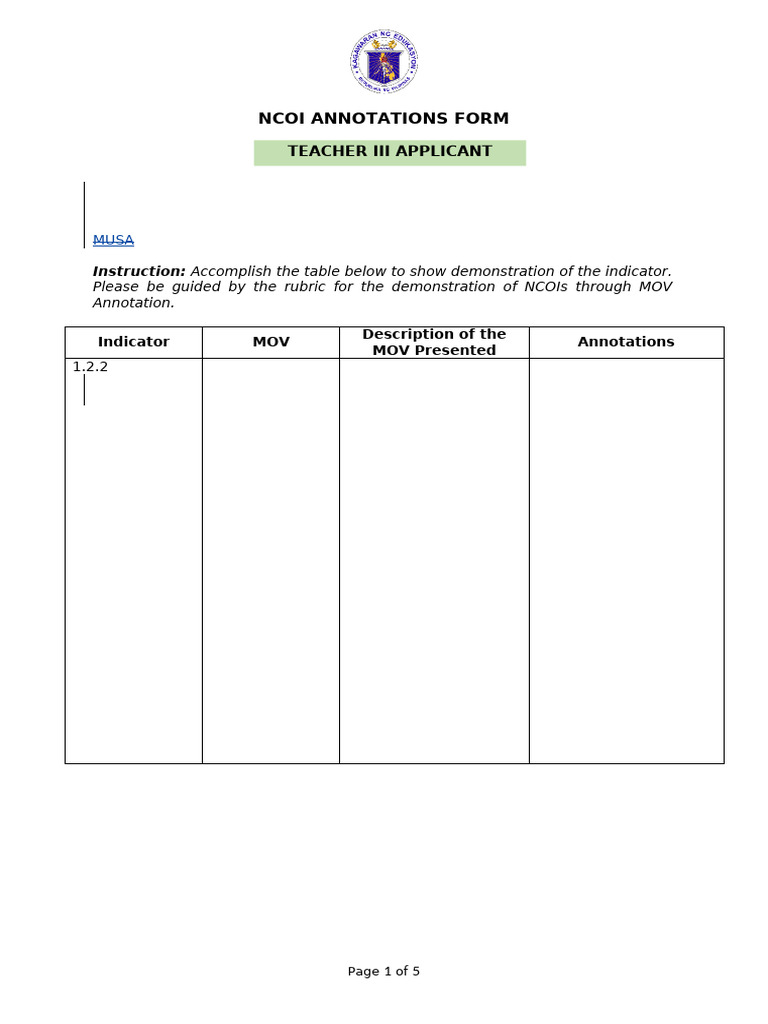 NCOI Annotation Form for Teacher III | PDF | Learning | Annotation