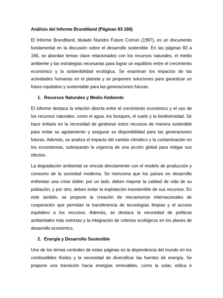 Análisis Del Informe Brundtland Páginas 83-166 | PDF | Sustentabilidad ...