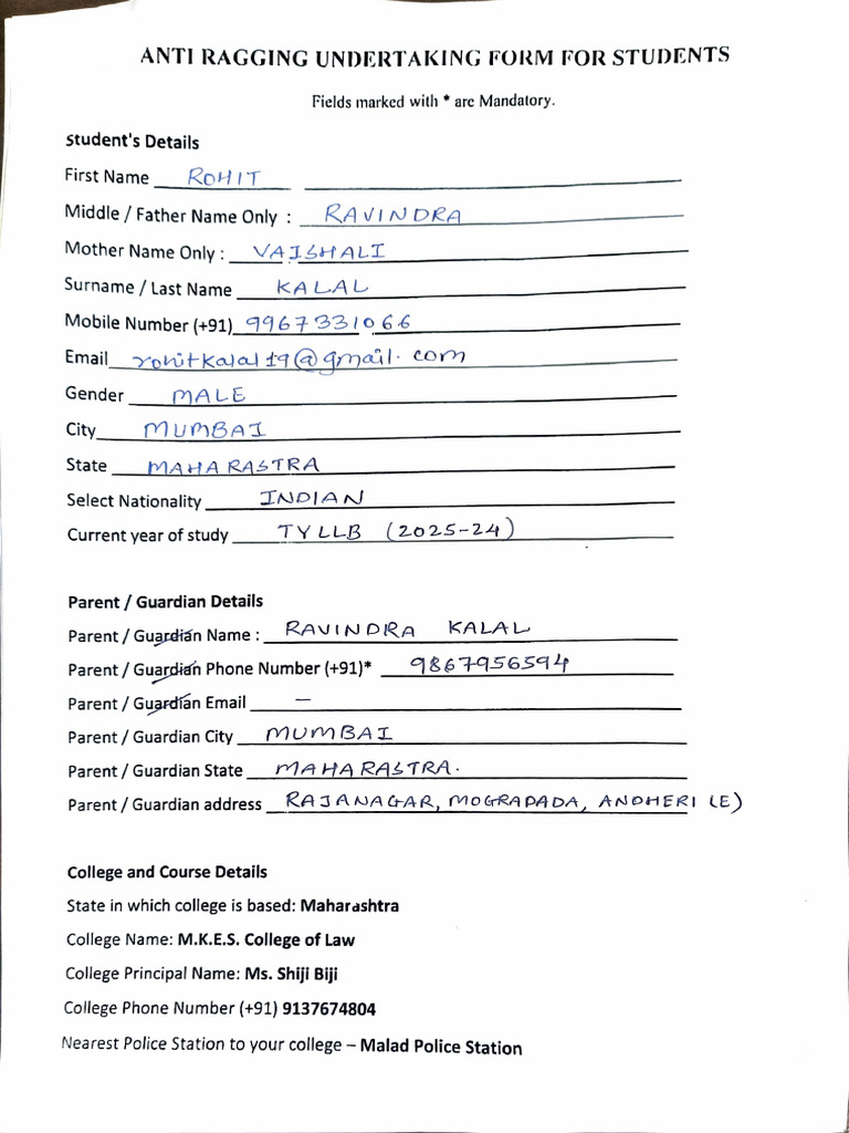 Anti-Ragging Undertaking Form 2023 | PDF