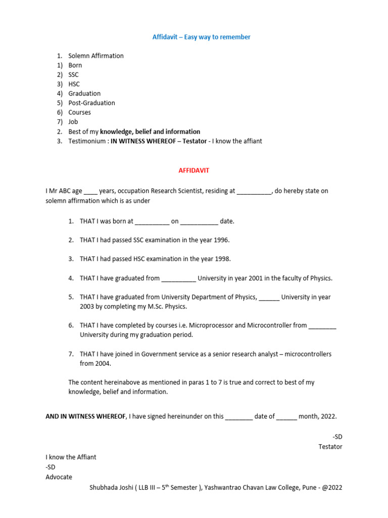 Affidavit Template for Education and Career | PDF