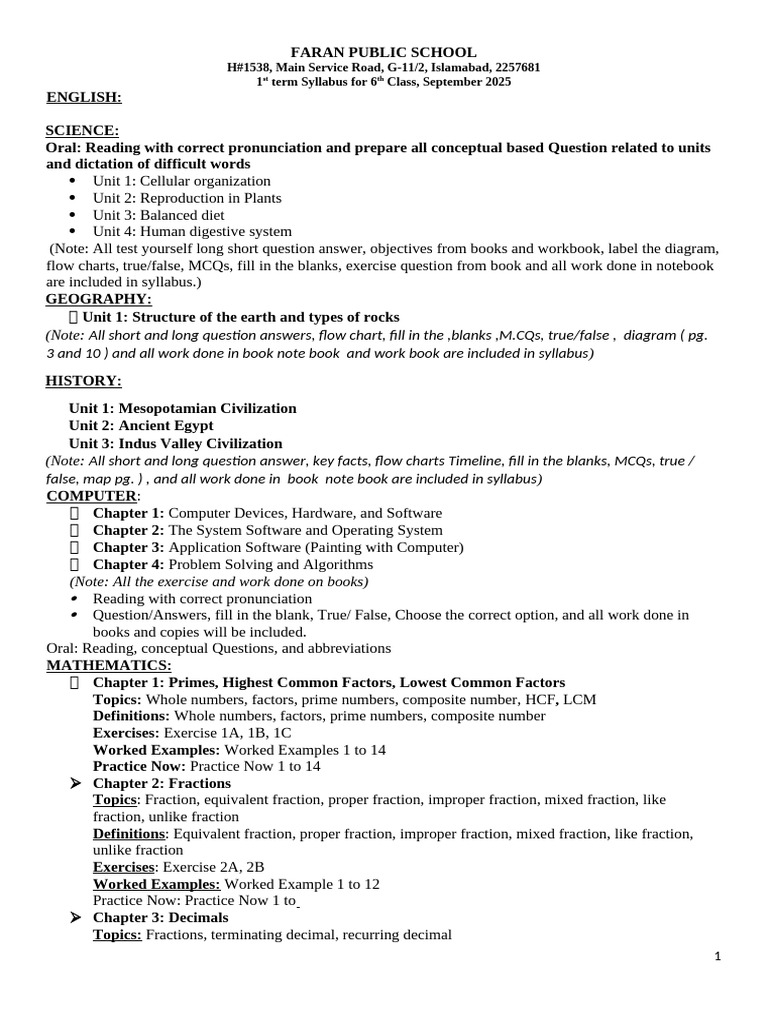 6 Class 1st Term Syllabus 2025 | PDF