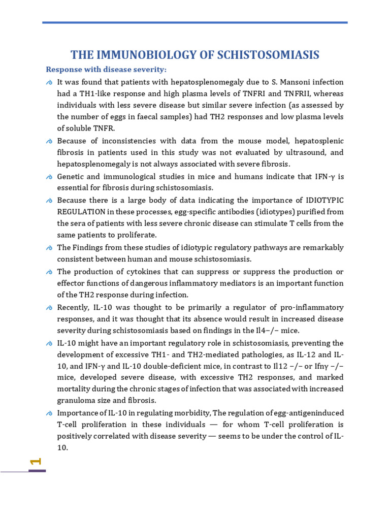 The Immunobiology of Schistosomiasis - Summary | PDF | Interleukin 10 ...