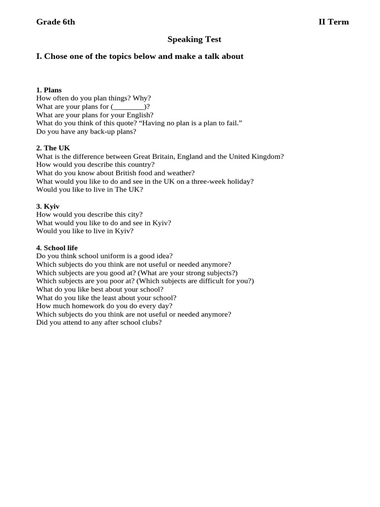 Grade 6 Speaking Test Topics Guide | PDF