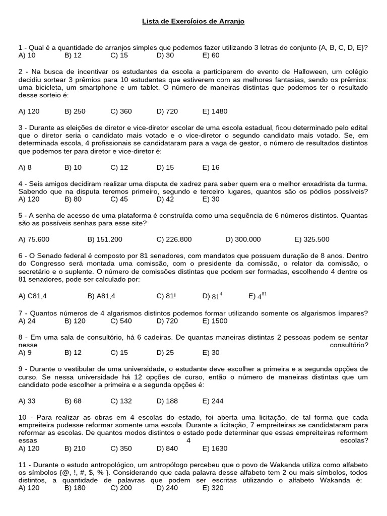 Exercícios de Arranjos e Combinações | PDF