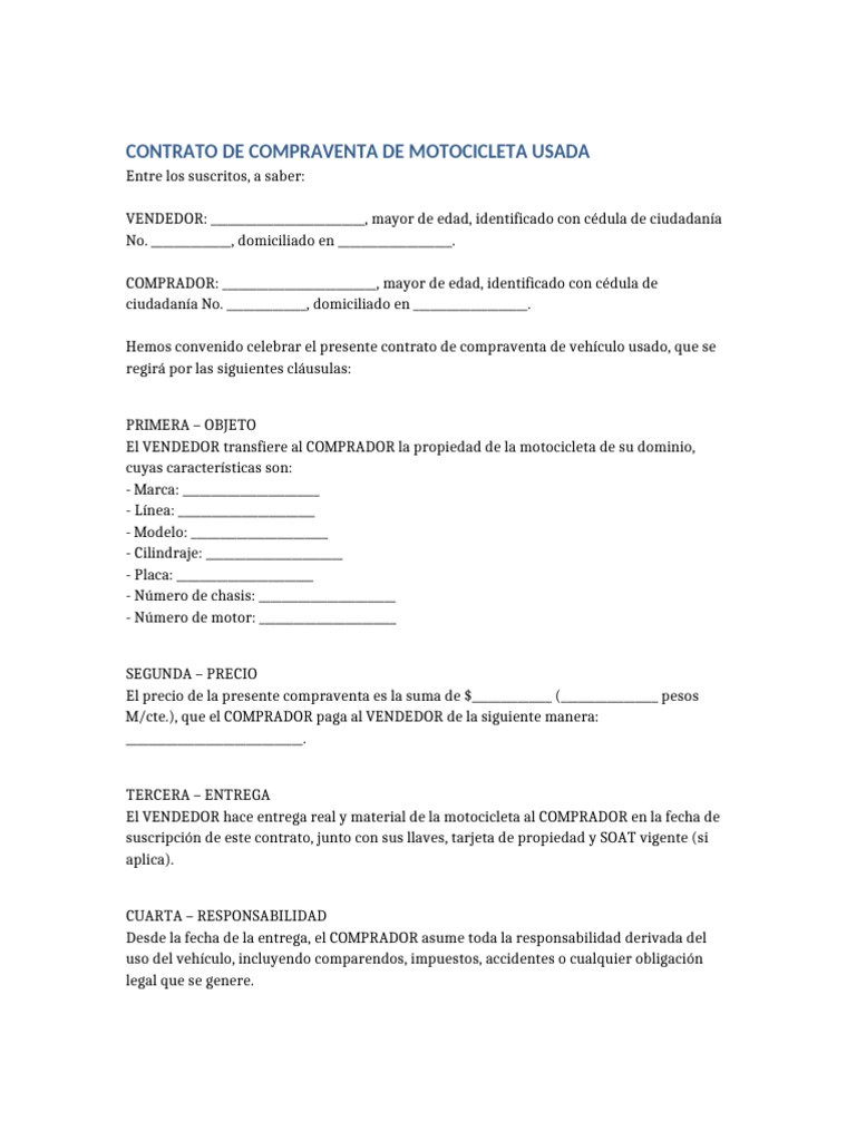 Contrato de Compraventa de Moto Usada | PDF