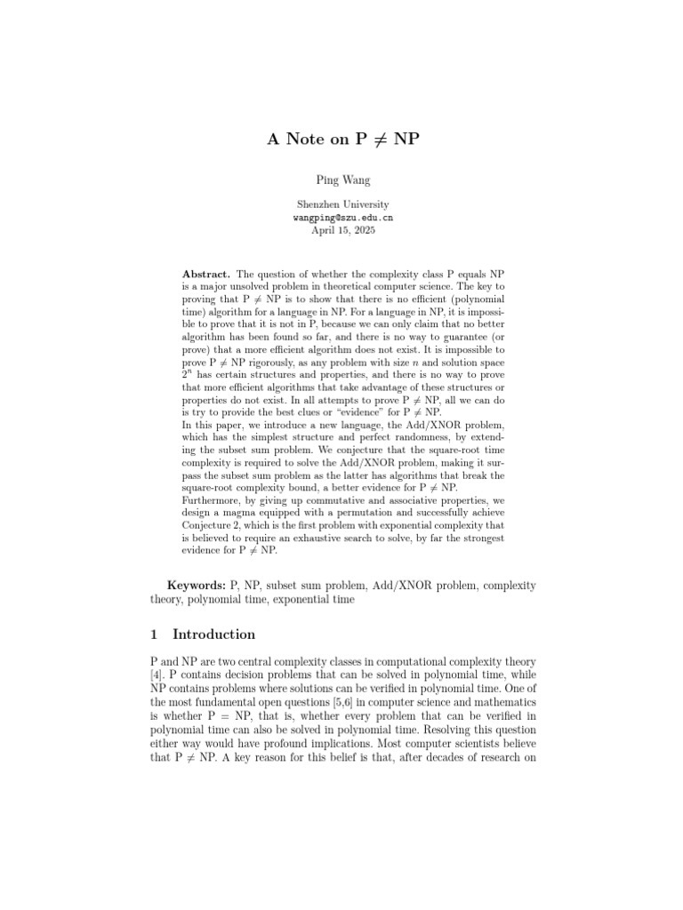 Evidence for P ≠ NP via Add/XNOR Problem | PDF | Computational ...
