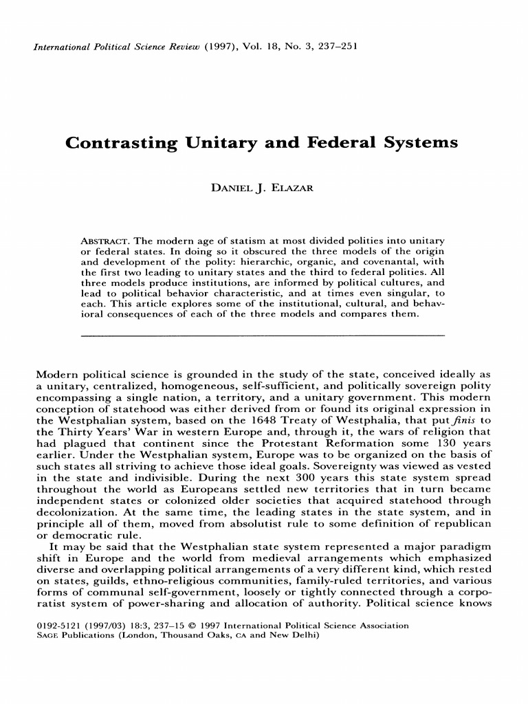 Elazar 1997 Contrasting Unitary and Federal Systems | PDF