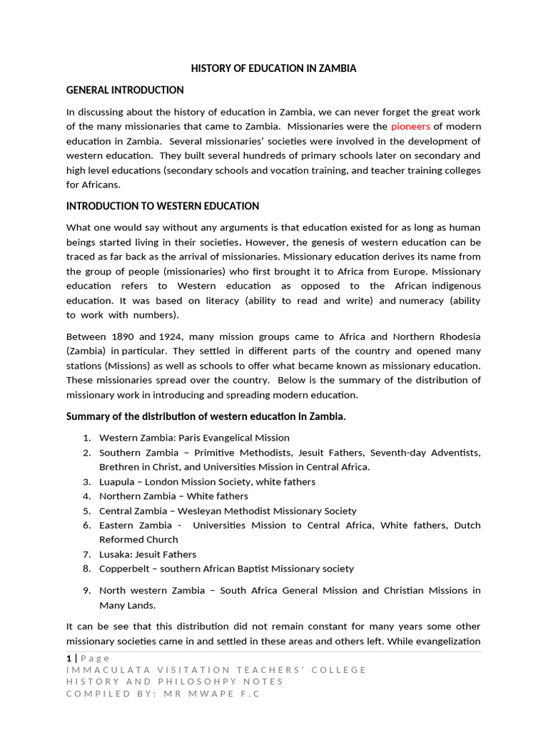 Missionaries and Education in Zambia | PDF | Christian Mission | Zambia