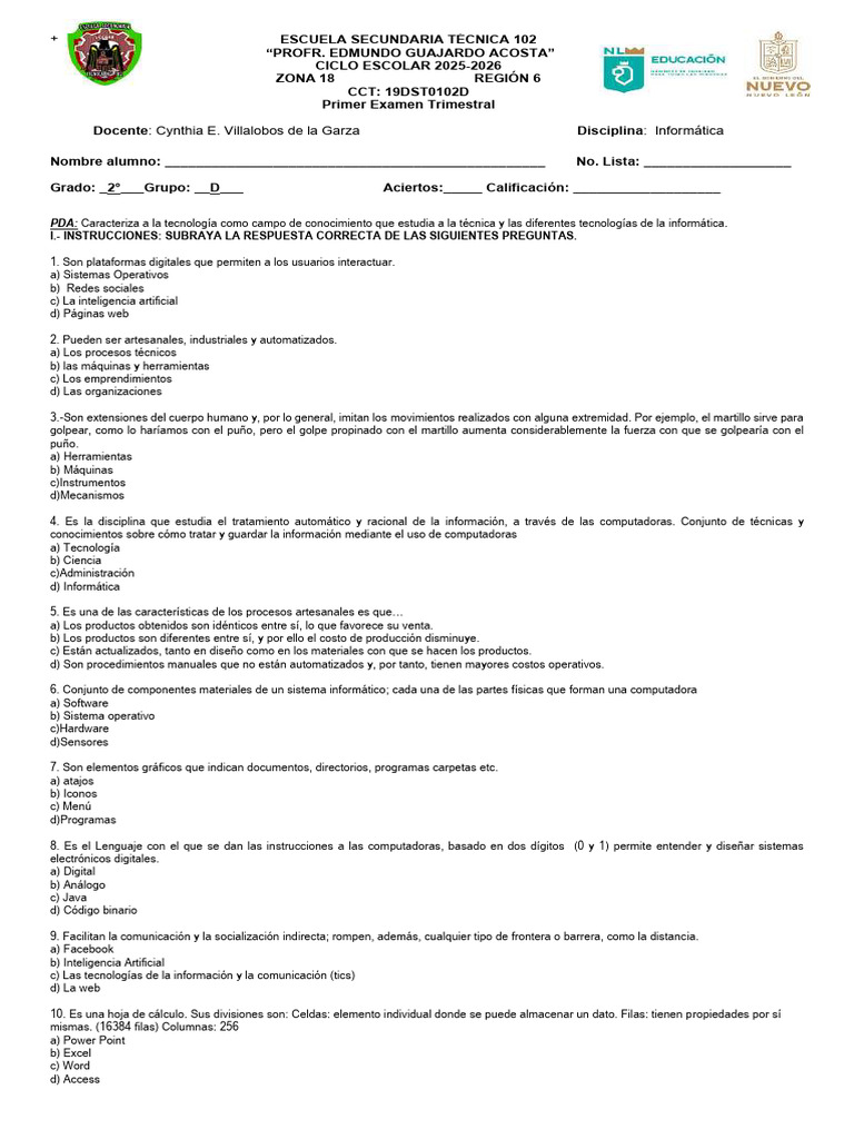 Examen de Informática para 2° Grado | PDF | Informática | Hardware de ...