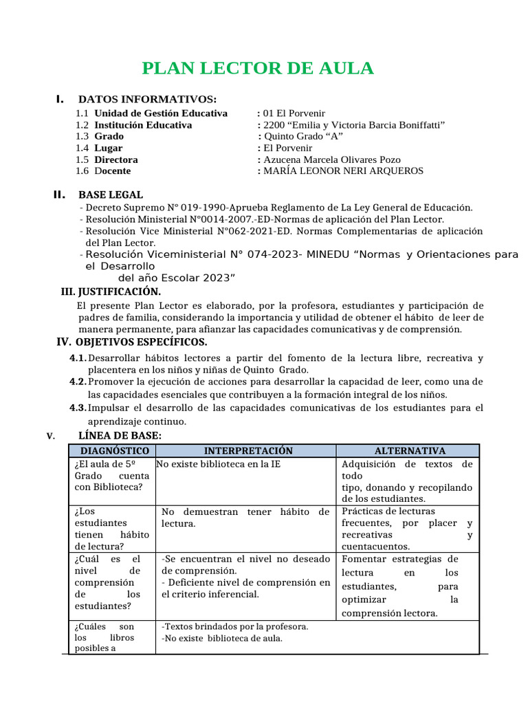 Plan Lector para Quinto Grado A | PDF | Maestros | Comprensión lectora