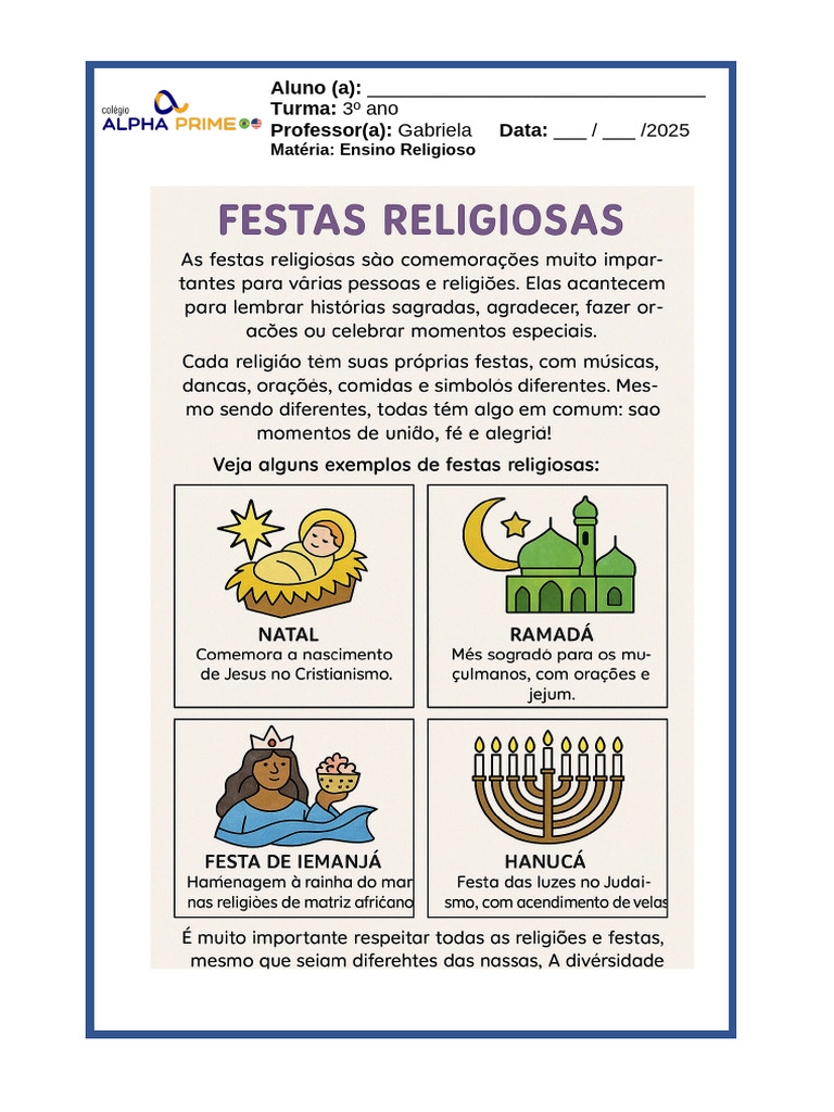 Atividade de Ensino Religioso 3º Ano | PDF