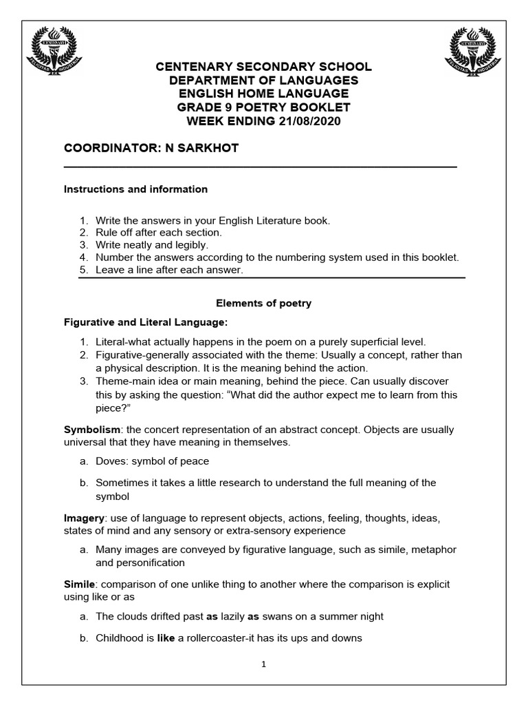 Grade 9 Poetry Elements Guide | PDF | Poetry | Rhyme