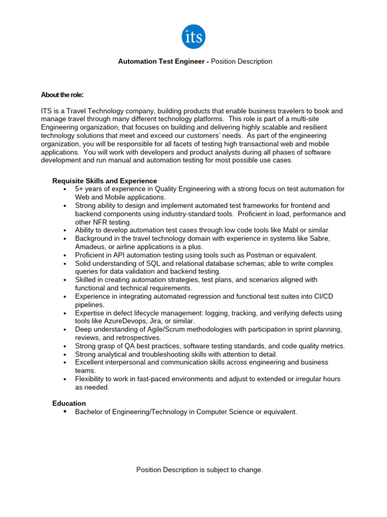 Automation Test Engineer Job Description | PDF | Automation | Software ...