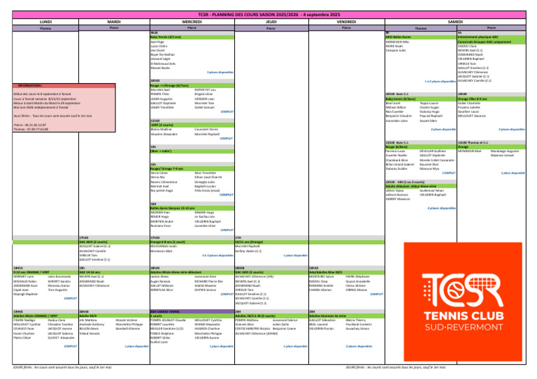 Planning des Cours TCSR 2025/2026 | PDF