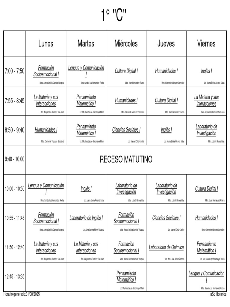Horario Escolar 1° "C" 2025 | PDF | Educación en artes liberales