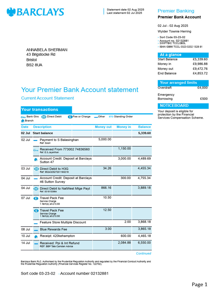 Premier Bank Statement Summary | PDF | Overdraft | Banks
